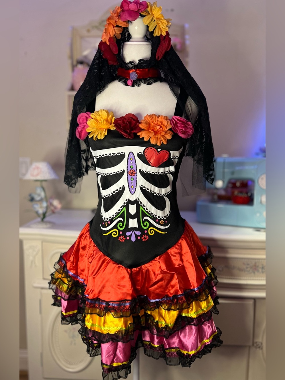 Women's Halloween Sugar Skull Dress in Black and Red with Floral Accents